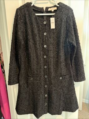 LOFT Black Sequin-Textured Long Sleeve Button Dress
